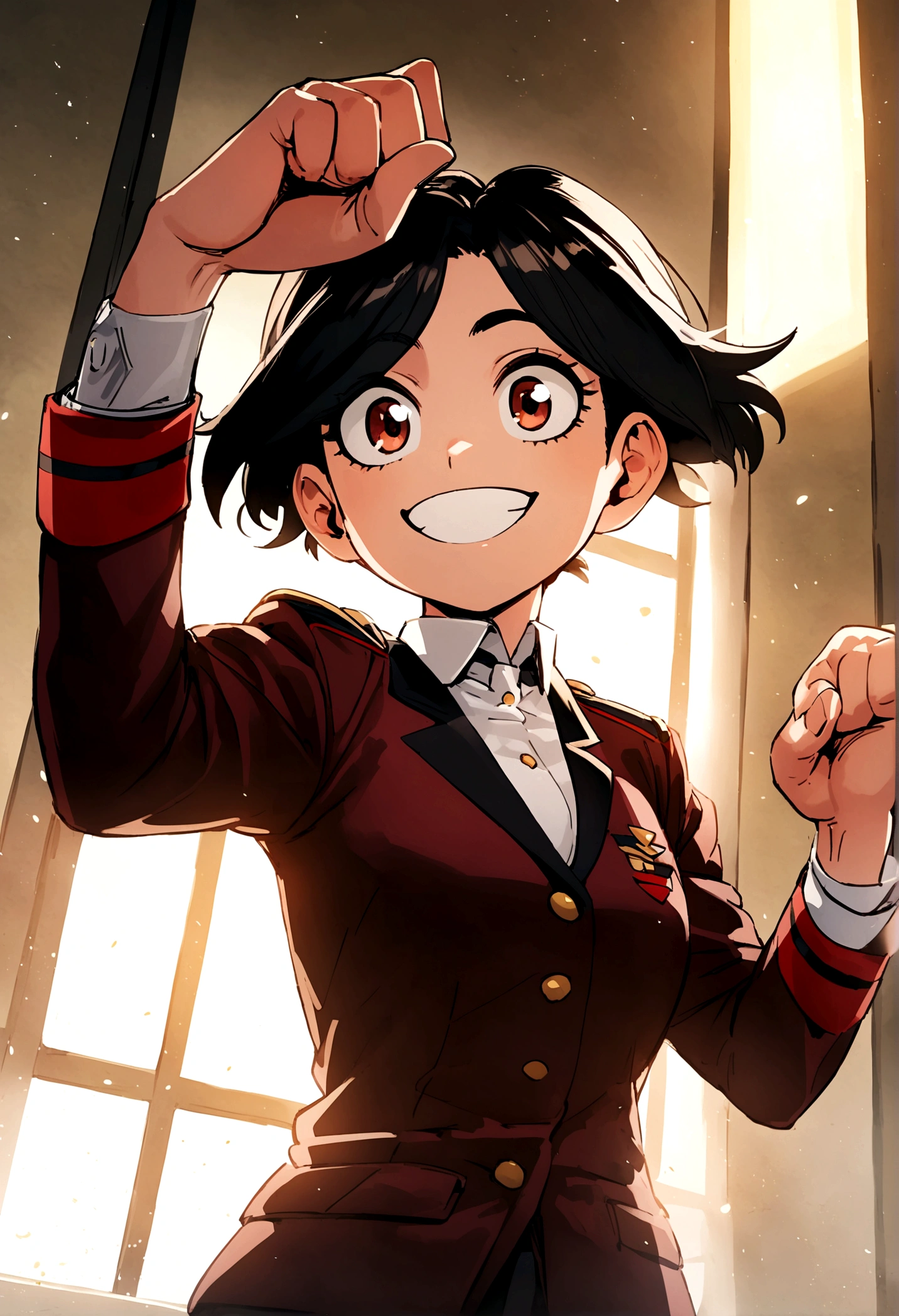 (Manga My hero academy) A girl,large eyes,UA uniform,big, radiant smile,with a fist in his hand raising his arm upwards.