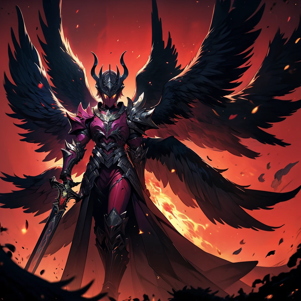 argus, red wings with black, fire wings, black armor with red edges, sword mitica, scene in crimson forest, escenario luna de blood, fire in the face, aurora of fire, purple background, fire in the wings, blood, luna de blood, blood en las alas, ultra hd, high quality, maximum quality, Fallen Angel, argus, full body, red armor, black background, escenario luna de blood, black wings, black edges, absurd resolution, High resolution, (masterpiece), alas de blood, fire wings, Fire ring, dark dawn, red aura, sword, sword maestra, mythic sword, carmesi moon background, purple background, (((masterpiece))), 2 remedies, best sword, black hair, red eyes, purple eyes, 2 legs