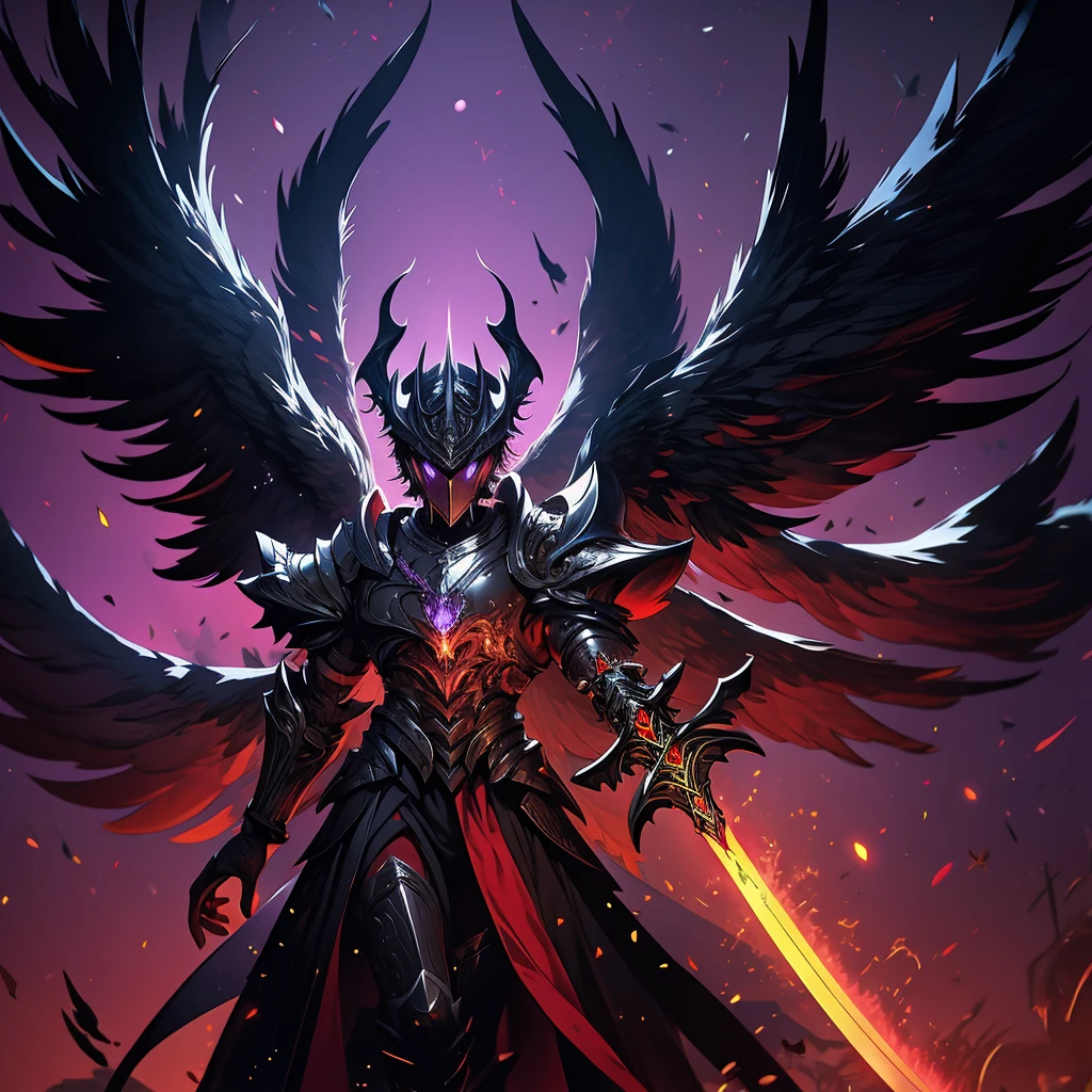 argus, red wings with black, fire wings, black armor with red edges, sword mitica, scene in crimson forest, escenario luna de blood, fire in the face, aurora of fire, purple background, fire in the wings, blood, luna de blood, blood en las alas, ultra hd, high quality, maximum quality, Fallen Angel, argus, full body, red armor, black background, escenario luna de blood, black wings, black edges, absurd resolution, High resolution, (masterpiece), alas de blood, fire wings, Fire ring, dark dawn, red aura, sword, sword maestra, mythic sword, carmesi moon background, purple background, (((masterpiece))), 2 remedies, best sword, black hair, red eyes, purple eyes, 2 legs