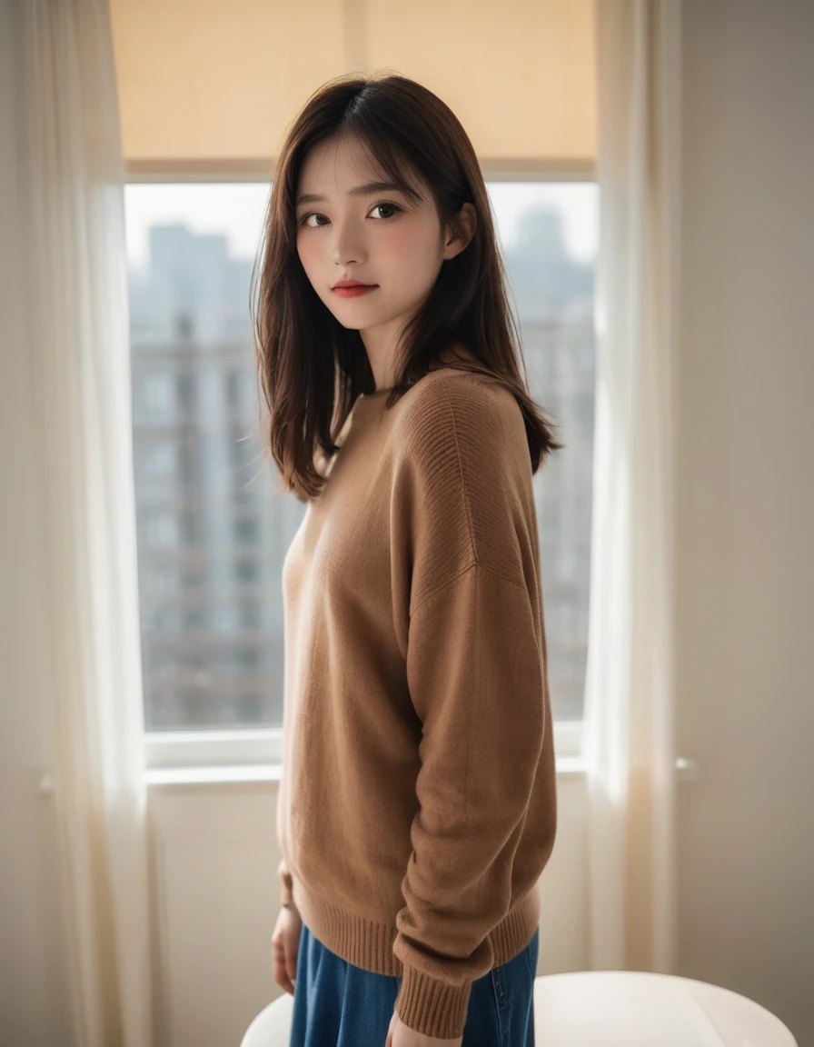 Japanese women, cute, (avert your eyes:2),(Old-fashioned smile:0.7),
(Dark brown eyes, pupil, Light in your eyes:1.5),
(Long Bob Hair),(whole body),
(Dark brown loose knit sweater,(Tucked-out sweater:3), (Pulling on a sweater:3)),(Checked long skirt),
(In a bright room:2),(curtain, sofa, table, Chair, シースルーcurtain:2), (Tree outside the window々),spring,Big big breasts、Big big ass
