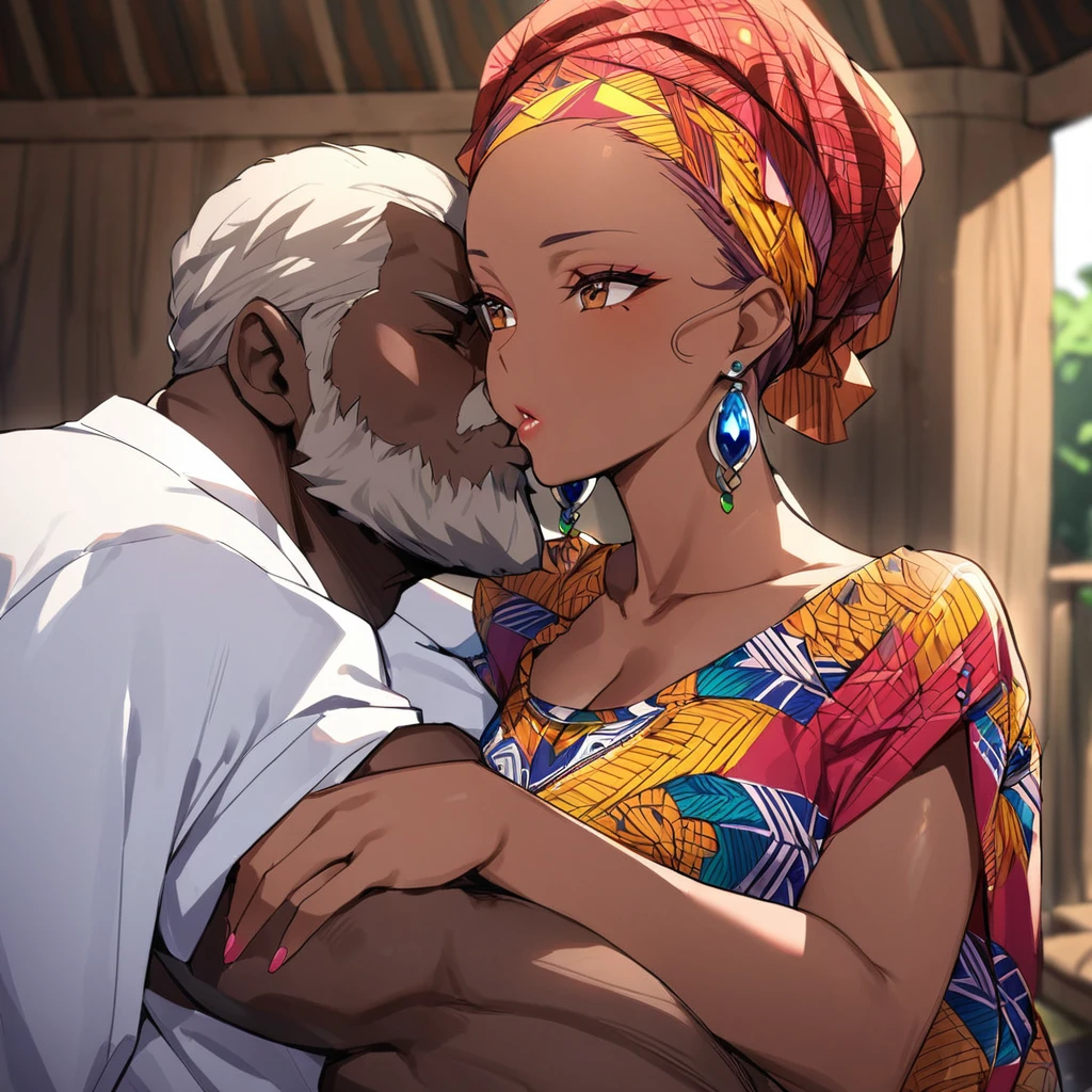 ((Highest quality)), ((masterpiece)), (detailed), （Perfect Face）、The woman is Momo Belia Deviluke, a Ghanaian by birth, with a vibrant dark skin, and is wearing a vibrant Ghanaian dress, a vibrant headscarf, gorgeous jewellery and an engagement ring.、The woman is the elegant Momo Belia Deviluke, with short pink bob hair, a colorful Ghanaian dress, a colorful headscarf, and vivid dark brown skin. She is a natural-born black and Ghanaian.、（The woman is a black Ghanaian with vivid dark brown skin.）、A woman is seen kissing a dignified, muscular, bearded, middle-aged Ghanaian man in a village in Ghana、The man is the woman&#39;s husband, a dignified, muscular, middle-aged Ghanaian with a beard, wearing colorful Ghanaian traditional clothing and wearing an engagement ring.