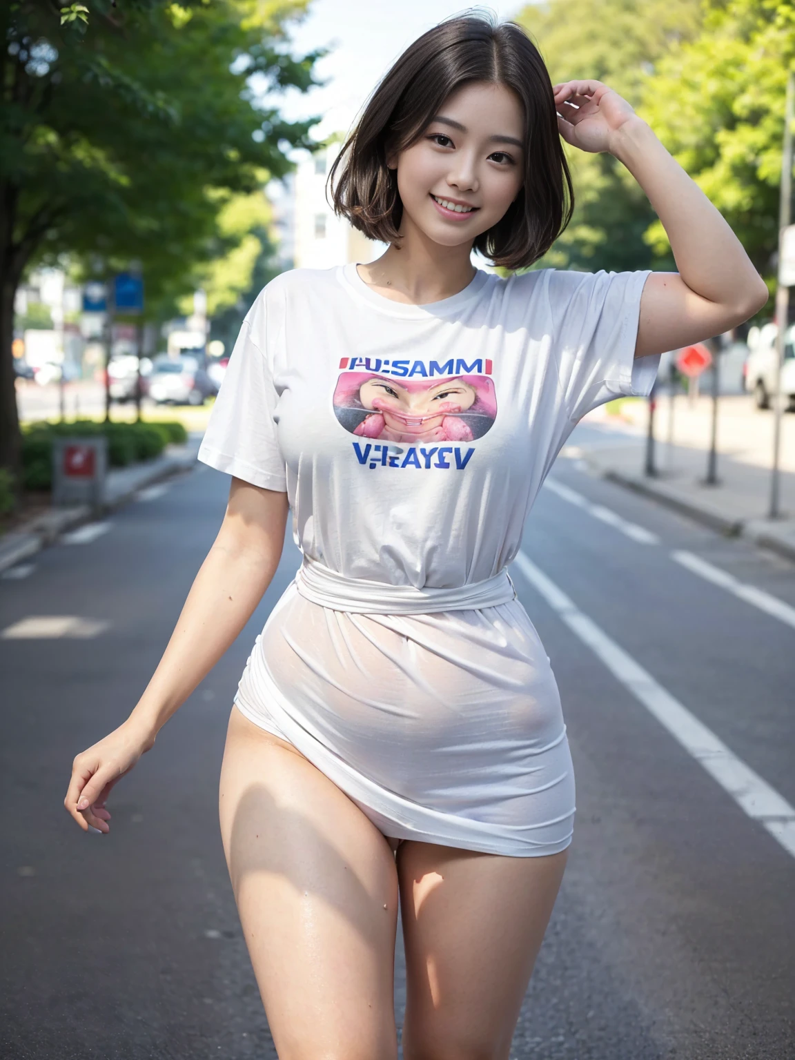 (Canon RF85mmf/1.2,masterpiece,Highest quality,Ultra-high resolution)((Beautiful Curvy Naked Woman 24 Years Old Solo)) ((Highest quality、8K、masterpiece))((Photogenic quality:1.5))Plump body、((Plump round face))((A happy smile showing teeth))Super detailed face、(Beautiful face with droopy eyes)(Full-length portrait of a man standing naked from the waist down, wearing a T-shirt:1.5))((Accurate human body depiction:1.5))、Plump thighs、Depiction of wet female genitalia、Super Berry Shorthair、On an empty city street、Dazzling midsummer sunlight、