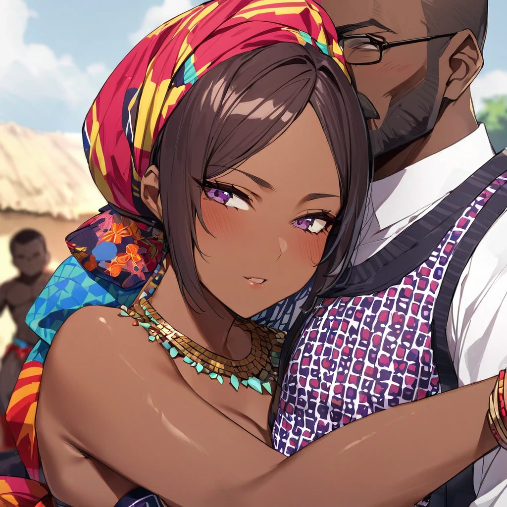 ((Highest quality)), ((masterpiece)), (detailed), （Perfect Face）、the woman is pregnant鮮やかな黒褐色肌で生まれながらの黒人で生まれながらのガーナ人のモモ・ベリア・デビルークでガーナの村で色御鮮やかなガーナドレスを着て色鮮やかなヘッドスカーフを被り豪華な宝飾されたアクセサリーにエンゲージリングをつけている、The woman is the elegant Momo Belia Deviluke, with short pink bob hair, a colorful Ghanaian dress, a colorful headscarf, and vivid dark brown skin. She is a natural-born black and Ghanaian.、（The woman is a black Ghanaian with vivid dark brown skin.）、The woman is seen in a Ghanaian village, cuddling with a dignified, muscular, bearded, middle-aged Ghanaian man.、The man is the woman&#39;s husband, a dignified, muscular, middle-aged Ghanaian with a beard, wearing colorful Ghanaian traditional clothing and wearing an engagement ring.、the woman is pregnant