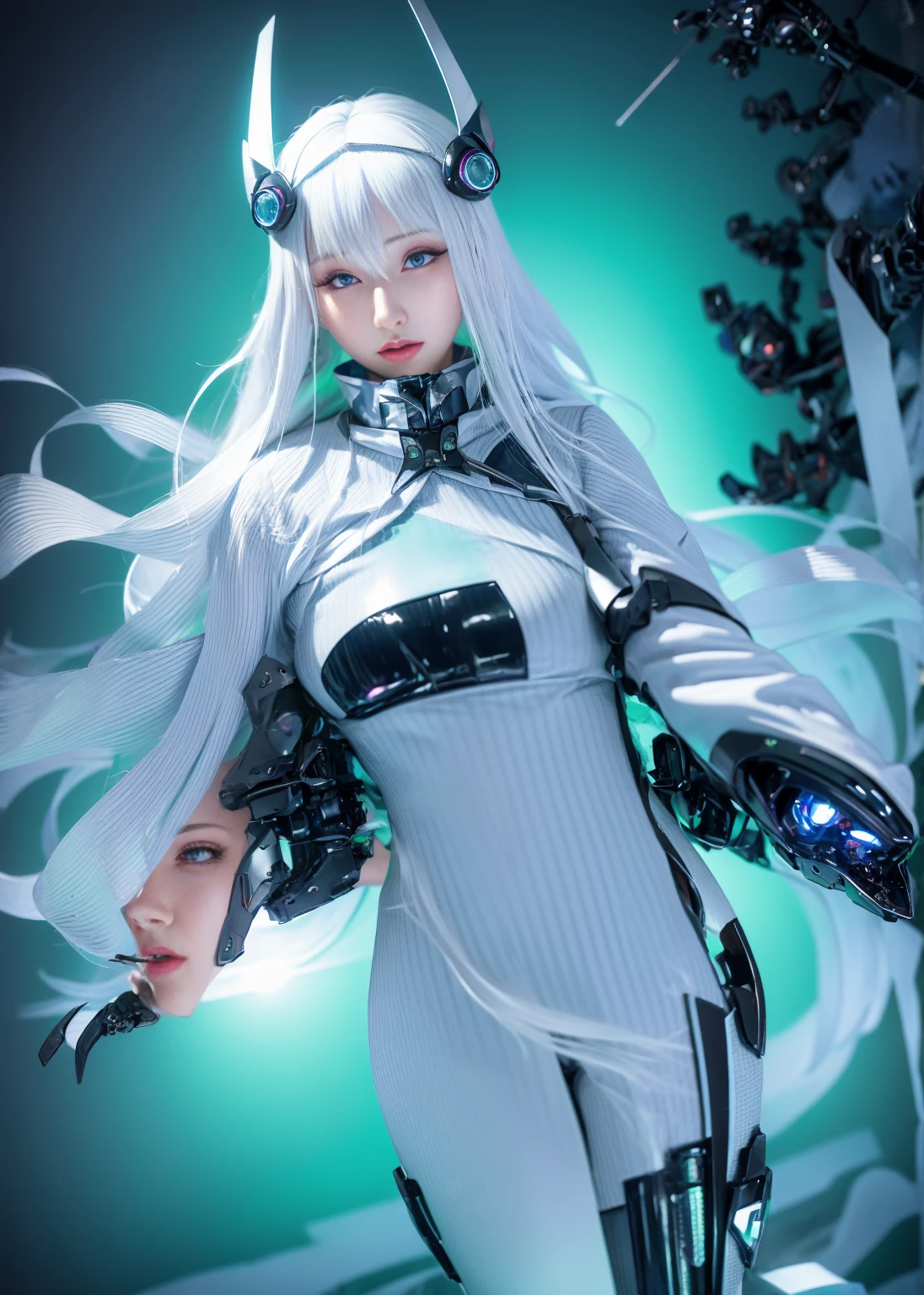 Super Detail, High Detail, high quality, best quality, High resolution，1 female robot，Beautiful female robot,beautiful clear face(Rain waves_haneame：1.5)， Realistic, High resolution, Soft Light,Hips up, (Detailed face), silver hair, long hair, Mecha Maiden, Colorful mechanical parts, mechanical joint, Thick mechanical armor,Weaponry, All metal body, Technology Antenna Hair Accessories