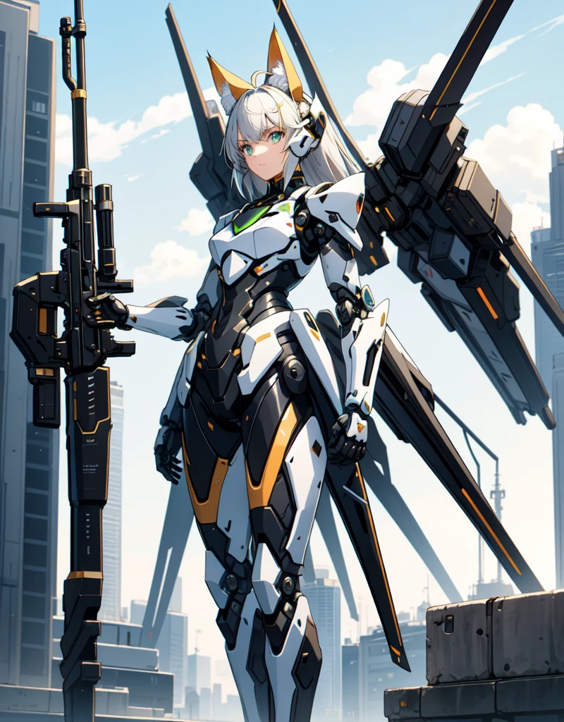 girl with partial light mecha top suit ((small neko ears)) and ((fox tail)), mechanical extensions, stokings, ((one leg has a_ black stocking)), the other leg is skin, holding a giant Sniper Rifle Pointed to the ground, Beautiful face with perfect sky-blue and green eyes, white hair, damaged oversized shirt over the suit which shows shoulders and skin. Futuristic wings with neon and rifles Cool dynamic pose, school skirt, mecha musume, mechanical parts, mecha, headgear, robot joints, full armor, becoming a mecha. High quality anime style