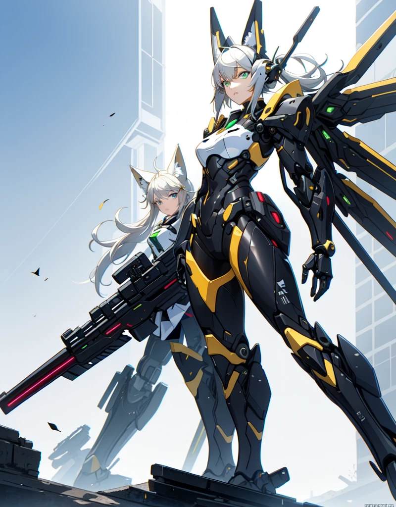 girl with partial light mecha top suit ((small neko ears)) and ((fox tail)), mechanical extensions, stokings, ((one leg has a_ black stocking)), the other leg is skin, holding a giant Sniper Rifle Pointed to the ground, Beautiful face with perfect sky-blue and green eyes, white hair, damaged oversized shirt over the suit which shows shoulders and skin. Futuristic wings with neon and rifles Cool dynamic pose, school skirt, mecha musume, mechanical parts, mecha, headgear, robot joints, full armor, becoming a mecha. High quality anime style