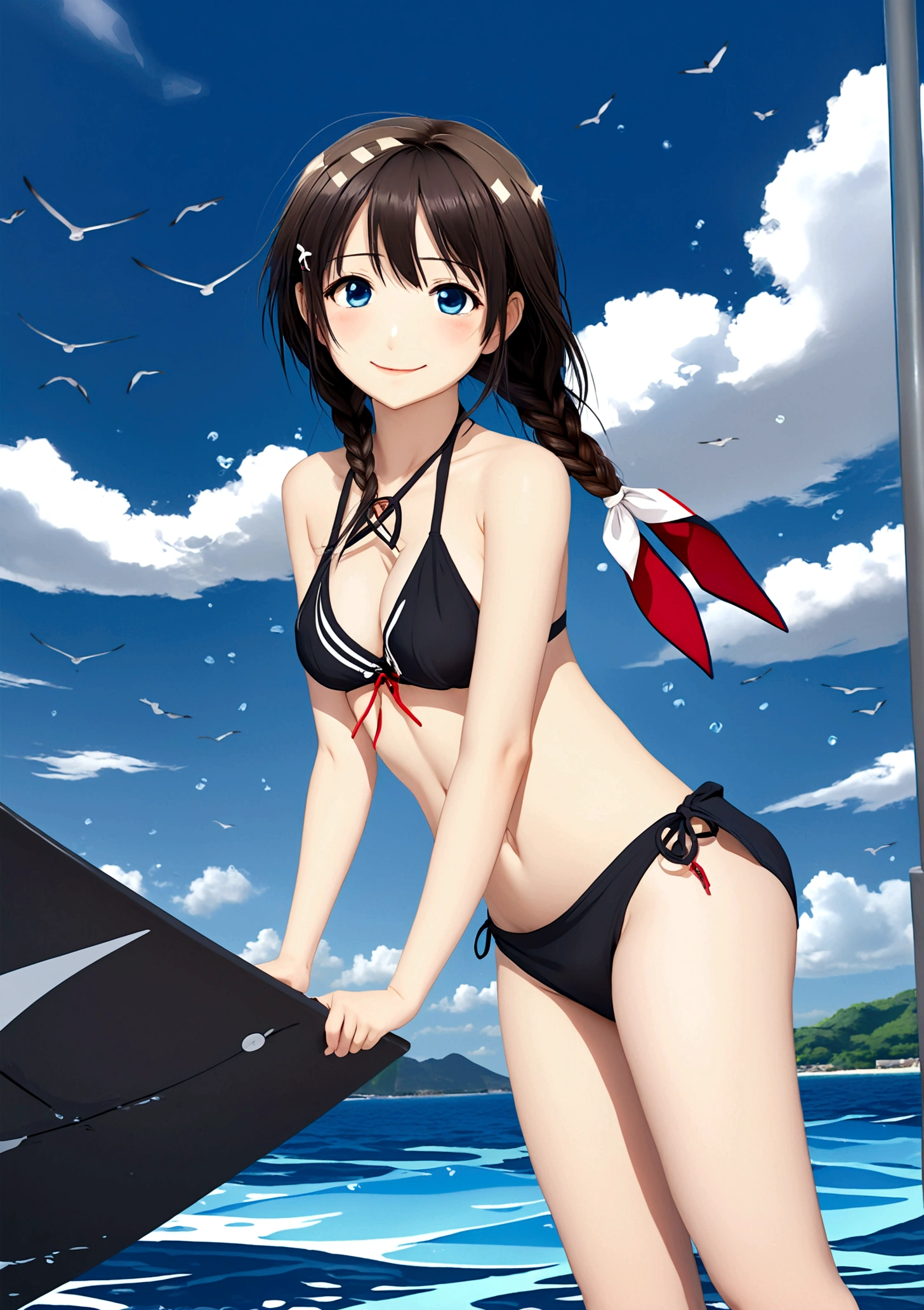 1girl, solo, long hair, looking at viewer, blush, smile, blue eyes, brown hair, black hair, swimsuit, ass, braid, ahoge, bikini, sky, day, looking back, cloud, sailor collar, water, single braid, black bikini, adapted costume, hair flaps, wading, sailor bikini, shigure \(kancolle\), shigure kai ni \(kancolle\)