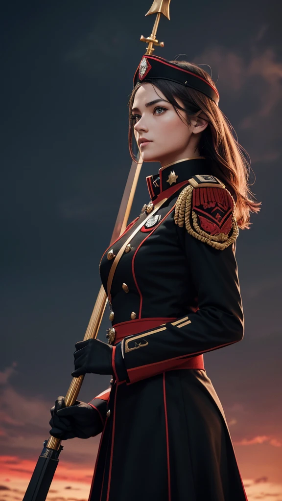 Female imperial military, with red and black uniform, a spear with a weather vane at the tip that has a red glow