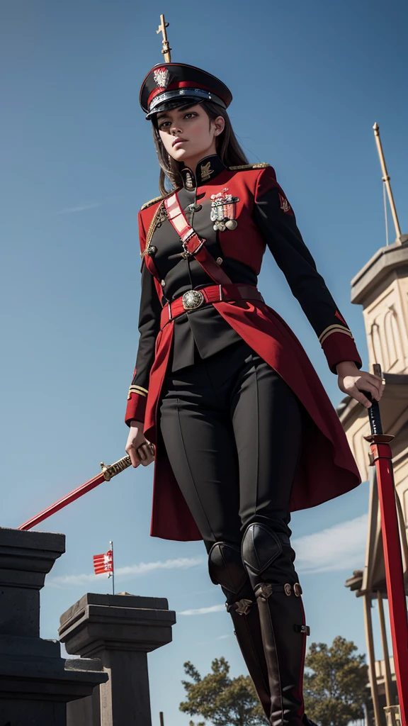 Female imperial military, with red and black uniform, a spear with a weather vane at the tip that has a red glow