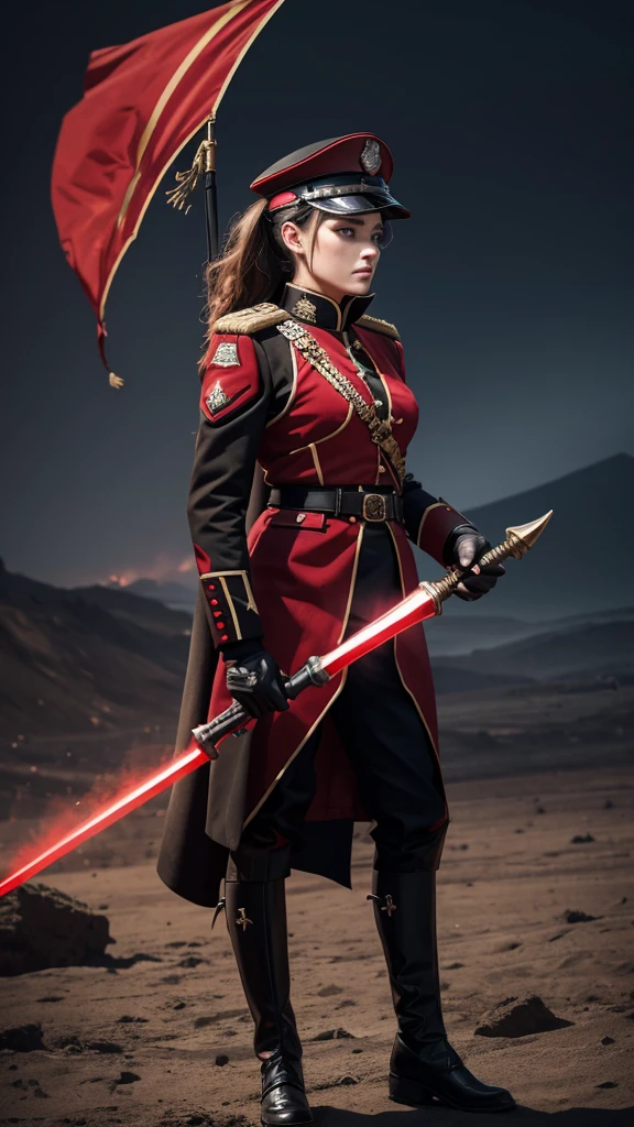 Female imperial military, with red and black uniform, a spear with a weather vane at the tip that has a red glow