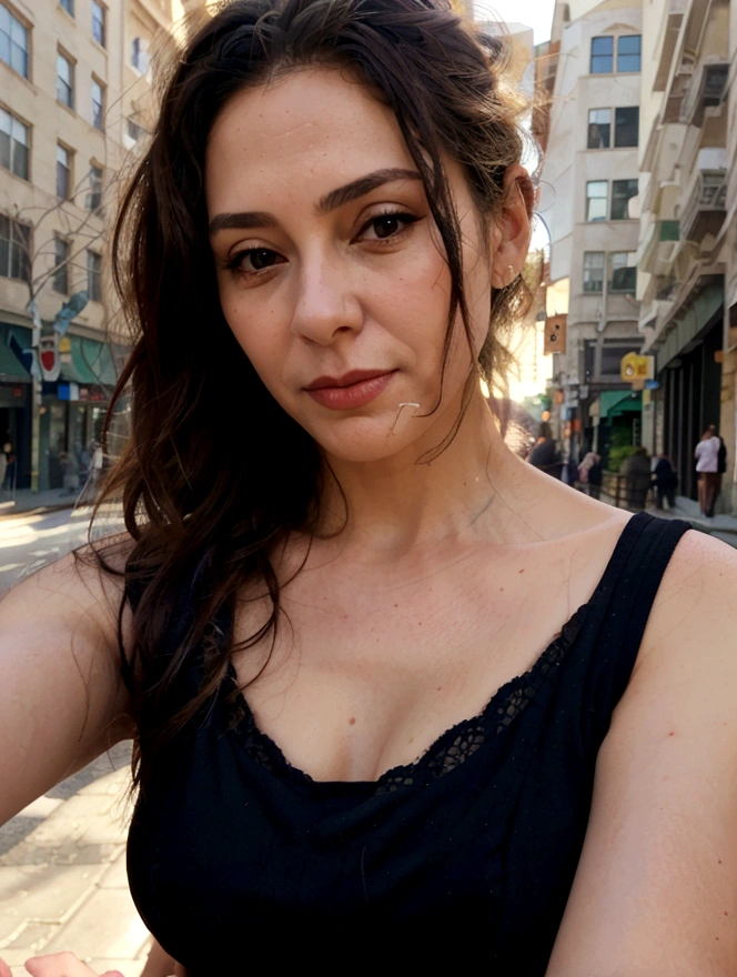 beautiful mature woman taking realistic selfie on the street, high quality background