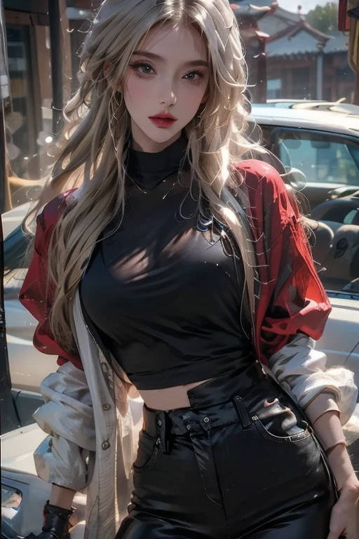 realistic, high resolution, 8K, 1 woman, alone, hips up, Look at the viewer., (detailed face), blonde hair, very detailed, Extra resolution, high ponytail, Taoist cloak, Large clothing, decorations, Picture in the middle of the trip