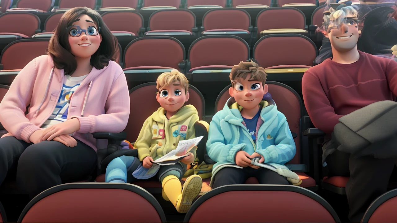 masterpiece, best quality, (extremely detailed CG unity 8k wallpaper), (best quality), (best illustration), (best shadow),A couple with two kids sitting in stadium, high quality photo, group photo, group portrait, commissioned, 8k quality, photo realistic in disney pixar style. high quality, 8k, master piece, 3d disney, disney pixar