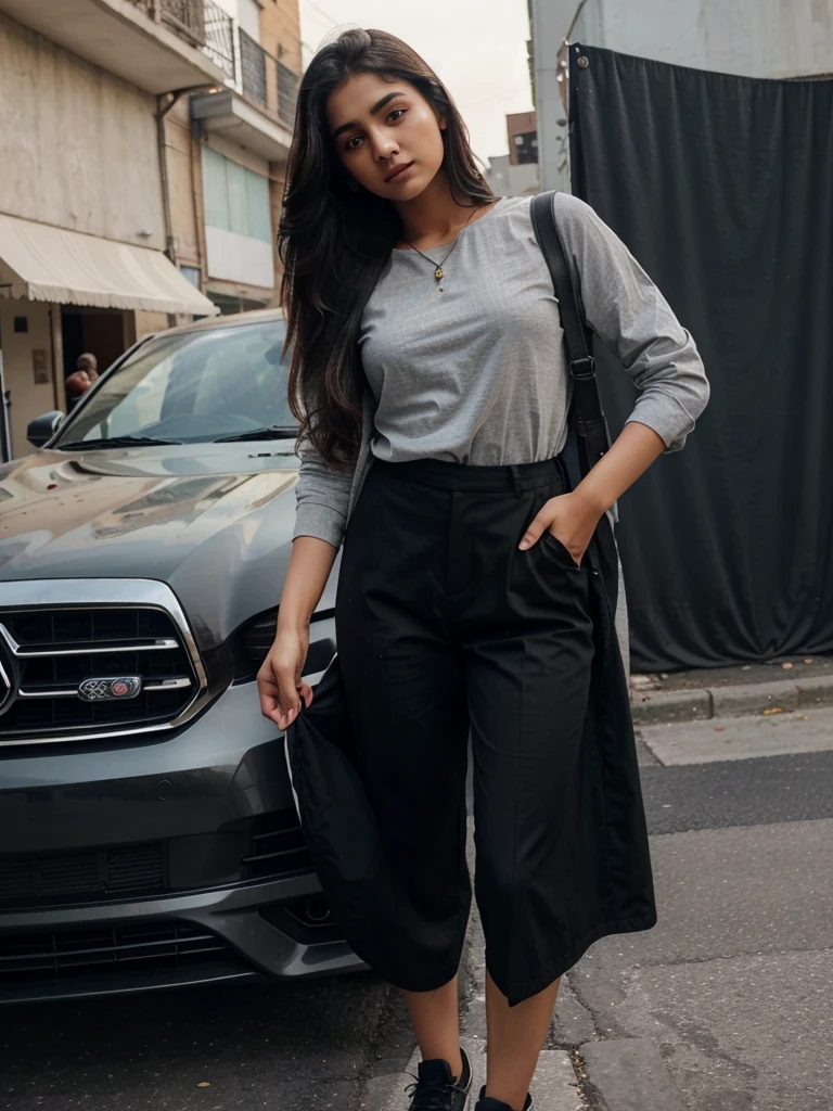 A photorealistic portrait of a Pakistani teenage girl at age 16, looking stylish in a black cotton shirt tucked into grey pants, with her long hair flowing elegantly. Her brown eyes and milky tone stand out against the backdrop of a car, as she strikes a pose with confidence. The image should highlight her slim stature and height of 5'4, emphasizing her modern dressing style.