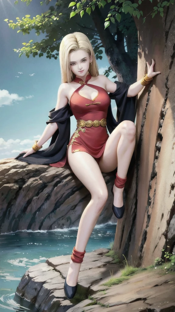 android 18,blonde hair,(((long hair))),blue eyes,(long slit red sexy cheongsam), (Red),looking at the audience,face smile,close-up, portrait, river,rock, ,tree,blue sky,high quality,masterpiece,sexy body, sexy Red Dress, red,perfect big breasts, Hyperrealistic intricate detail, Cinematic, 8K resolution, 70mm, Accent Lighting, Global Illumination, Full body portrait, clean detailed faces,