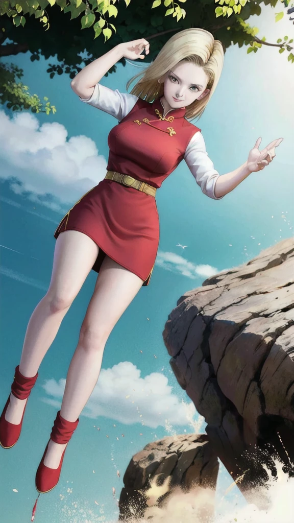 android 18,blonde hair,(((long hair))),blue eyes,(long slit red sexy cheongsam), (Red),looking at the audience,face smile,close-up, portrait, river,rock, ,tree,blue sky,high quality,masterpiece,sexy body, sexy Red Dress, red,perfect big breasts, Hyperrealistic intricate detail, Cinematic, 8K resolution, 70mm, Accent Lighting, Global Illumination, Full body portrait, clean detailed faces,