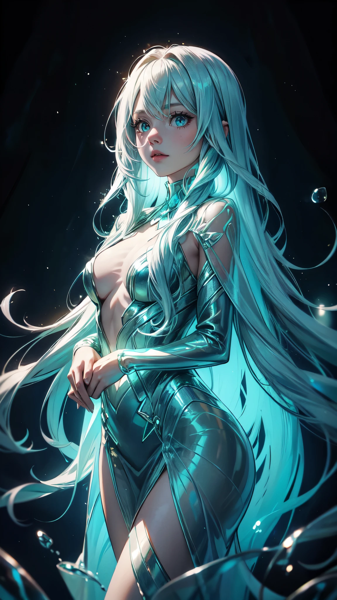 drawing of a cute young woman, long flowing hair, transparent bioluminescent glowing body, on a deep dark background, Glassmorphisom, 32k por AiLove, uncanny