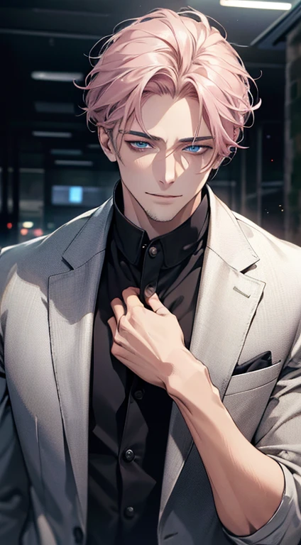 (best quality,4k,8k,highres,masterpiece:1.2),ultra-detailed,(realistic,photorealistic,photo-realistic:1.37),1 man,31 years old,mature man,very handsome,without expression,smile,short grey pink hair,blue eyes,penetrating gaze,perfect face without errors,imposing posture,businessman,office background,cinematic lighting,hdr image