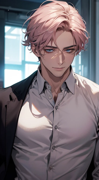 (best quality,4k,8k,highres,masterpiece:1.2),ultra-detailed,(realistic,photorealistic,photo-realistic:1.37),1 man,31 years old,mature man,very handsome,without expression,smile,short grey pink hair,blue eyes,penetrating gaze,perfect face without errors,imposing posture,businessman,office background,cinematic lighting,hdr image
