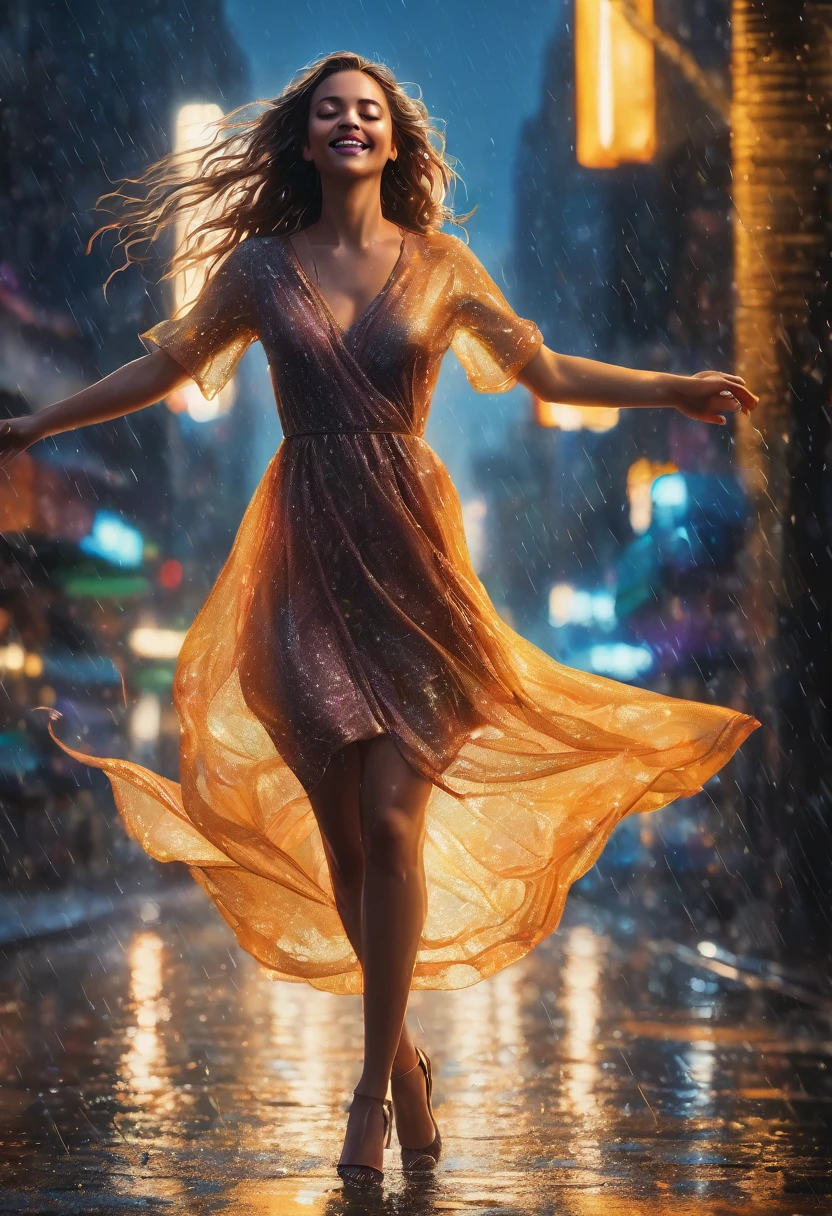hyperrealistic, detailed, cinematic, 8k resolution illustration of a young, beautiful woman with flowing hair dancing in a rainy city street. She is wearing an elegant dress, smiling with her eyes closed, and her arms are outstretched,  She is carefree, and the neon lights reflect in puddles on the wet pavement, blurred, dramatic, with warm light from street lamps illuminating the raindrops,