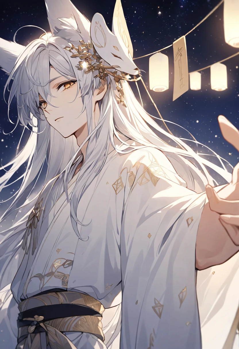 ((Highest quality)), ((masterpiece)), (Detailed face and eyes:1.2), Perfect Face,Create a highly detailed anime-style illustration of a beautiful male character standing under the night sky during the Tanabata festival. The character is depicted reaching out with one hand towards the sky, expressing a longing to meet their lover. The scene is set at night, with soft moonlight illuminating the character and enhancing the stars in the sky. The illustration should have a full-body view of the character in the foreground, with a slightly low camera angle looking up at them. The background should be filled with stars, creating a smooth and detailed texture that emphasizes the character's features and the starry sky. The overall mood should be bittersweet, filled with a sense of longing and hope. The male character has long, flowing straight silver hair with long side strands and sharp golden eyes. He has white fox ears on his head, giving him a mystical and fantastical aura. He wears a white kimono with golden patterns and a light purple obi with silver decorations. He is tall and well-built. The mood should be serene and enchanting, with soft lighting highlighting his delicate features and the smooth texture of his hair.