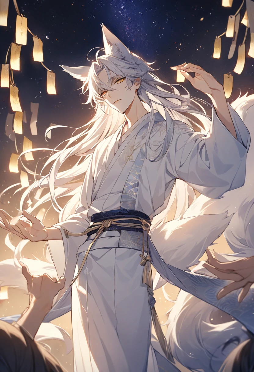 ((Highest quality)), ((masterpiece)), (Detailed face and eyes:1.2), Perfect Face,Create a highly detailed anime-style illustration of a beautiful male character standing under the night sky during the Tanabata festival. The character is depicted reaching out with one hand towards the sky, expressing a longing to meet their lover. The scene is set at night, with soft moonlight illuminating the character and enhancing the stars in the sky. The illustration should have a full-body view of the character in the foreground, with a slightly low camera angle looking up at them. The background should be filled with stars, creating a smooth and detailed texture that emphasizes the character's features and the starry sky. The overall mood should be bittersweet, filled with a sense of longing and hope. The male character has long, flowing straight silver hair with long side strands and sharp golden eyes. He has white fox ears on his head, giving him a mystical and fantastical aura. He wears a white kimono with golden patterns and a light purple obi with silver decorations. He is tall and well-built. The mood should be serene and enchanting, with soft lighting highlighting his delicate features and the smooth texture of his hair.