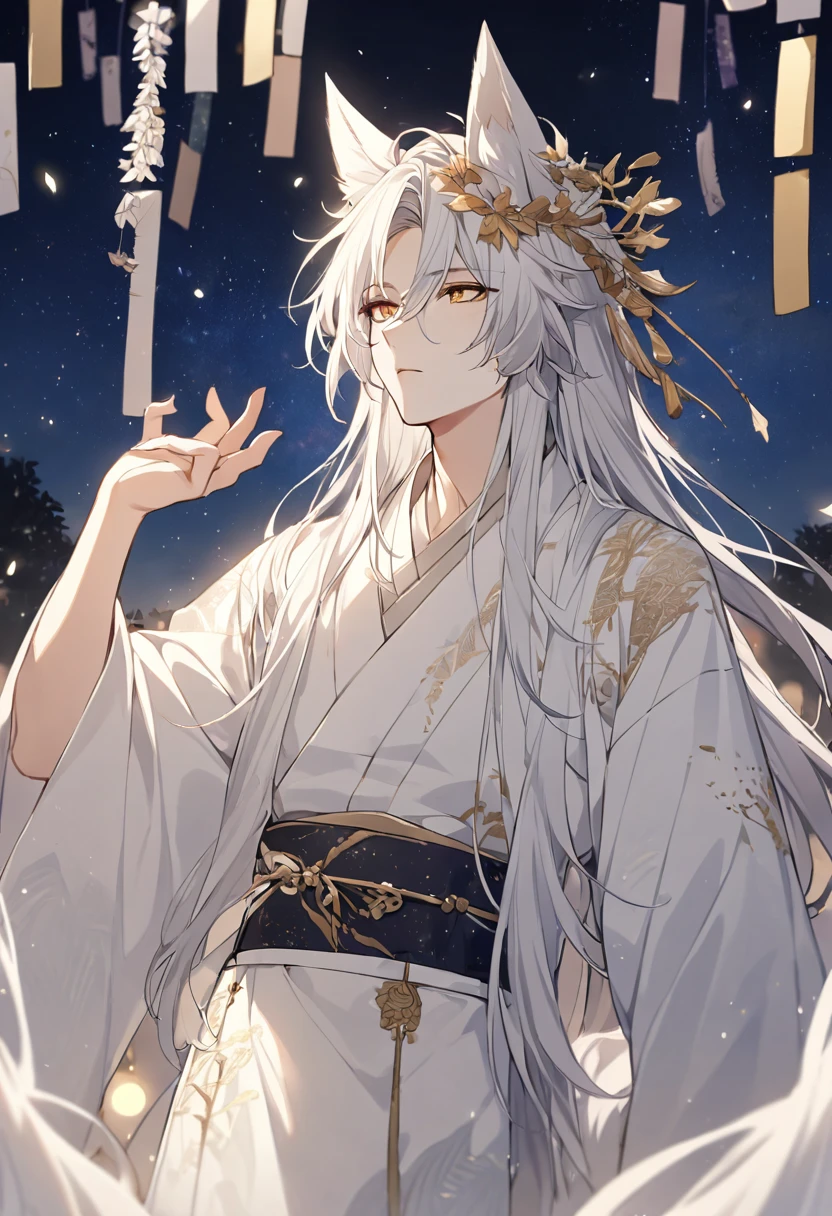 ((Highest quality)), ((masterpiece)), (Detailed face and eyes:1.2), Perfect Face,Create a highly detailed anime-style illustration of a beautiful male character standing under the night sky during the Tanabata festival. The character is depicted reaching out with one hand towards the sky, expressing a longing to meet their lover. The scene is set at night, with soft moonlight illuminating the character and enhancing the stars in the sky. The illustration should have a full-body view of the character in the foreground, with a slightly low camera angle looking up at them. The background should be filled with stars, creating a smooth and detailed texture that emphasizes the character's features and the starry sky. The overall mood should be bittersweet, filled with a sense of longing and hope. The male character has long, flowing straight silver hair with long side strands and sharp golden eyes. He has white fox ears on his head, giving him a mystical and fantastical aura. He wears a white kimono with golden patterns and a light purple obi with silver decorations. He is tall and well-built. The mood should be serene and enchanting, with soft lighting highlighting his delicate features and the smooth texture of his hair.