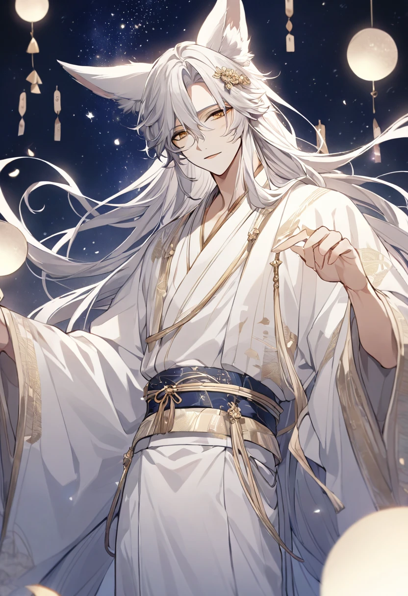 ((Highest quality)), ((masterpiece)), (Detailed face and eyes:1.2), Perfect Face,Create a highly detailed anime-style illustration of a beautiful male character standing under the night sky during the Tanabata festival. The character is depicted reaching out with one hand towards the sky, expressing a longing to meet their lover. The scene is set at night, with soft moonlight illuminating the character and enhancing the stars in the sky. The illustration should have a full-body view of the character in the foreground, with a slightly low camera angle looking up at them. The background should be filled with stars, creating a smooth and detailed texture that emphasizes the character's features and the starry sky. The overall mood should be bittersweet, filled with a sense of longing and hope. The male character has long, flowing straight silver hair with long side strands and sharp golden eyes. He has white fox ears on his head, giving him a mystical and fantastical aura. He wears a white kimono with golden patterns and a light purple obi with silver decorations. He is tall and well-built. The mood should be serene and enchanting, with soft lighting highlighting his delicate features and the smooth texture of his hair.