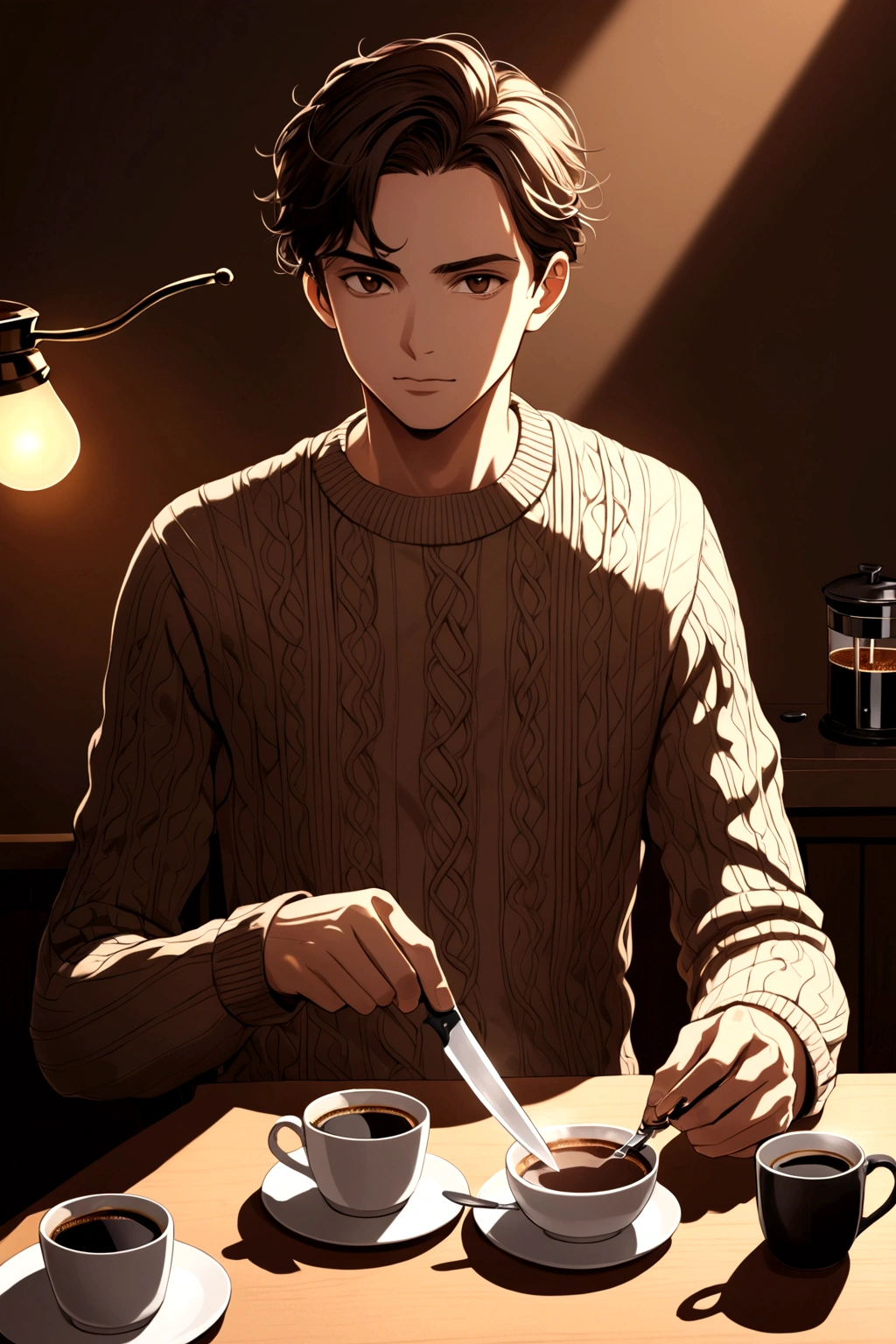 clear skin, for coffee, brown eyes with a sweater and a knife in his hands 