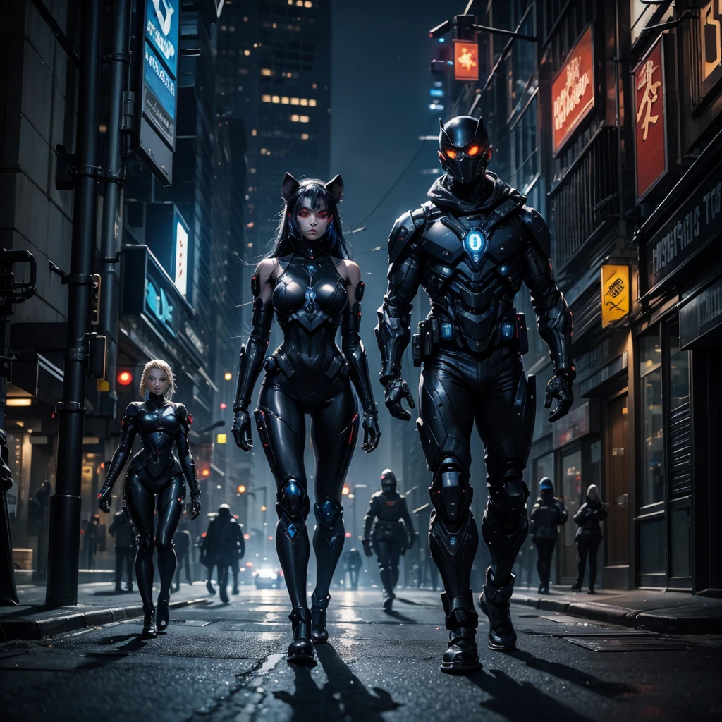 A futuristic dark cyber police girl accompanied by a dark and mysterious cyborg, they walk in a street of a city of the future, along the way you can see carcasses and monstrous mice