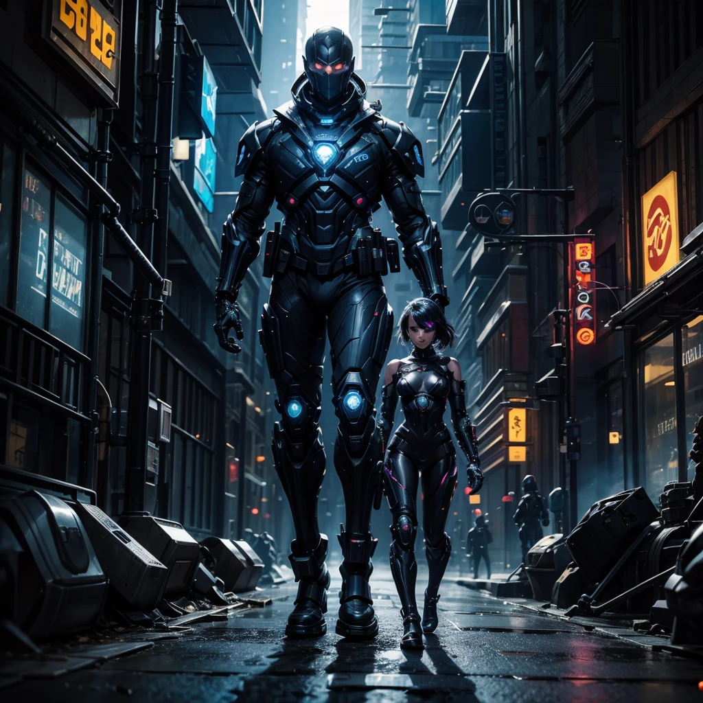 A futuristic dark cyber police girl accompanied by a dark and mysterious cyborg, they walk in a street of a city of the future, along the way you can see carcasses and monstrous mice