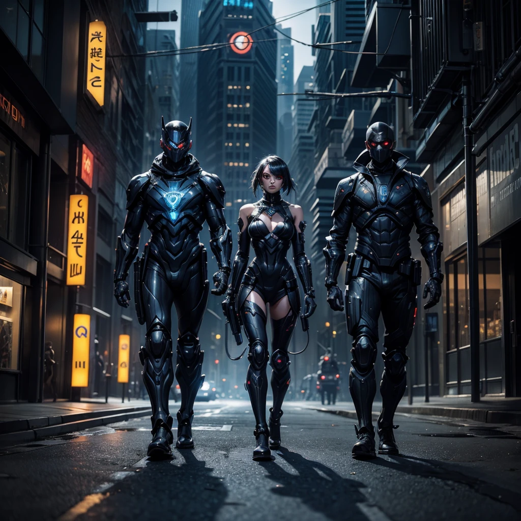 A futuristic dark cyber police girl accompanied by a dark and mysterious cyborg, they walk in a street of a city of the future, along the way you can see carcasses and monstrous mice