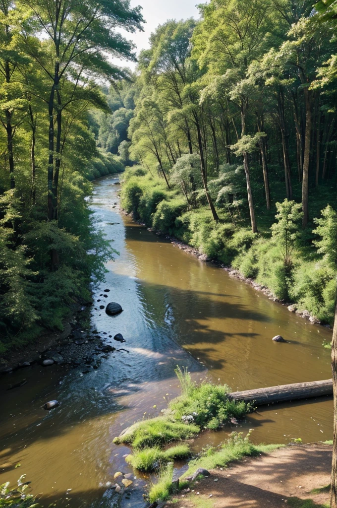 A land is near a forest and on this land a house there or near the house a river is there the river water is parpal in color
