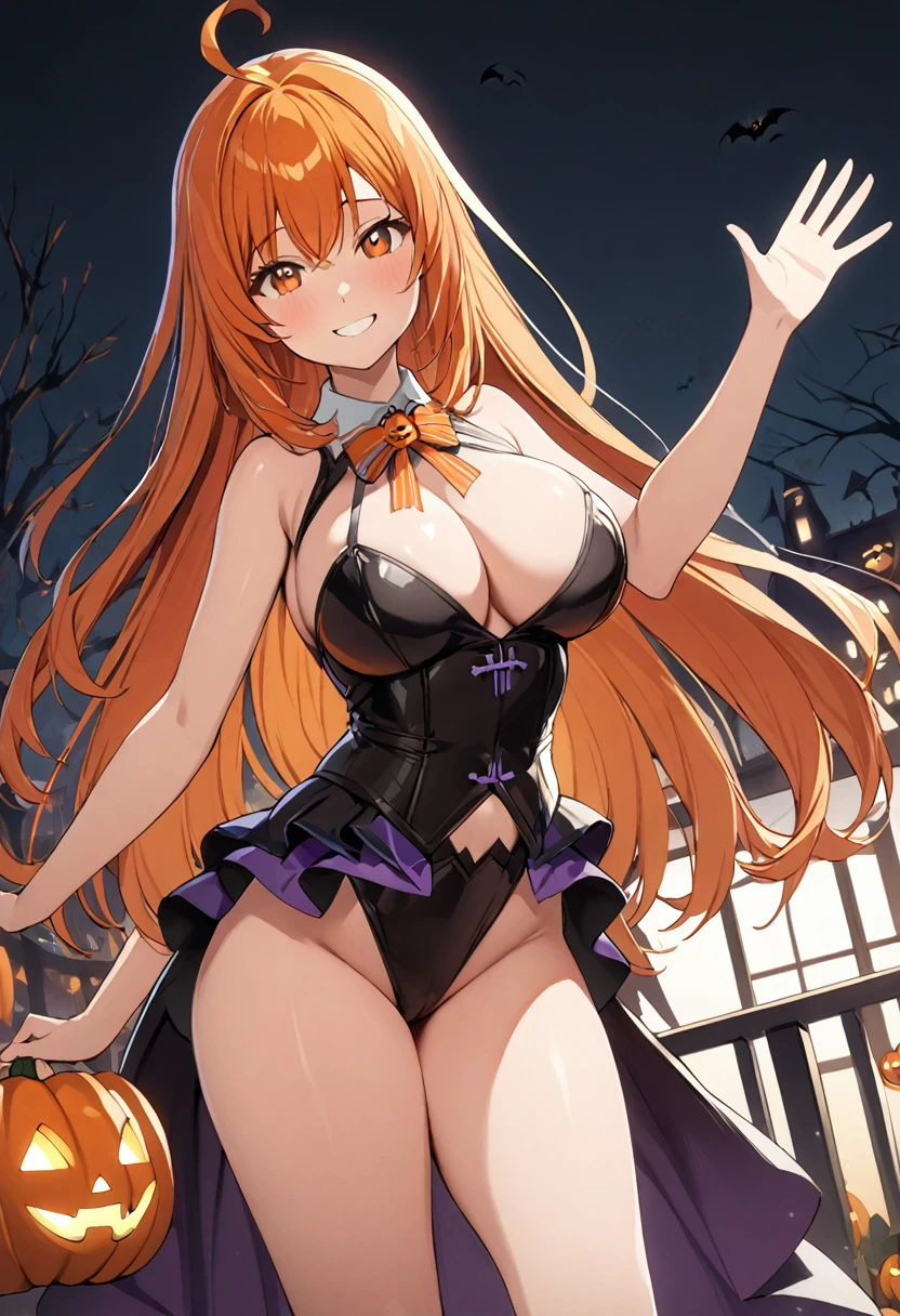 1 girl, (solo:1.2), tall girl, long orange hair, straight hair ,orange eyes, (high school student), (), (Full Breasts), (thighs), High Height,masterpiece, high resolution, shiny, full body, beautiful,A cute smile that makes the viewer happy, highly detailed beautiful face and eyes,looking at viewer,(halloween costume:1.2),(waving),