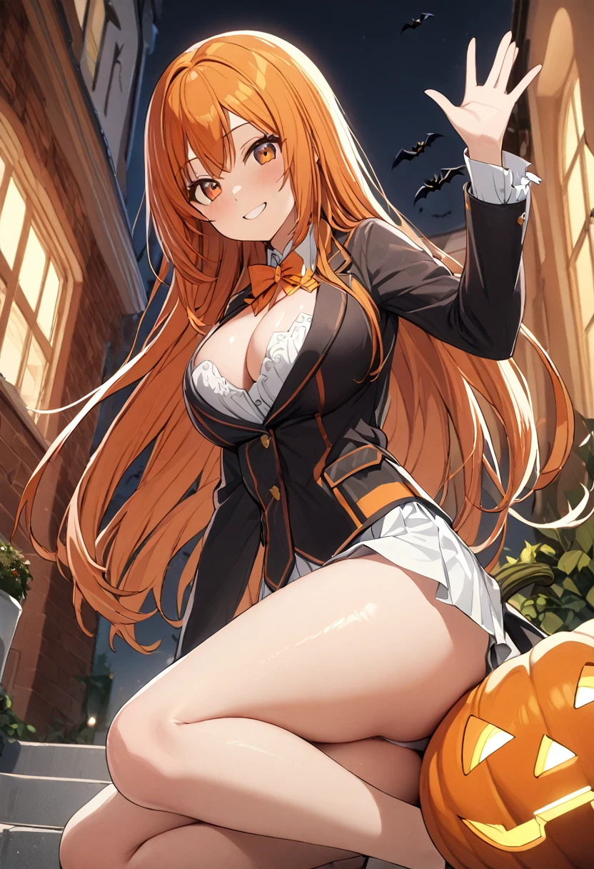 1 girl, (solo:1.2), tall girl, long orange hair, straight hair ,orange eyes, (high school ), (17 yearl Breasts), (thighs), High Height,masterpiece, high resolution, shiny, full body, beautiful,A cute smile that makes the viewer happy, highly detailed beautiful face and eyes,looking at viewer,(halloween costume:1.2),(waving),