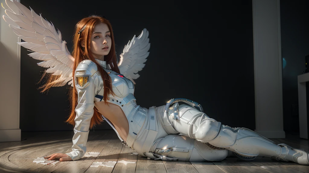 ((masterpiece, best quality, extremely detailed), volumetric lighting, ambient occlusion, colorful, glowing), 1girl, solo, young woman, (red hair), long hair, halo, aura, sacred, godness, cyber suit, android, bot, big angel wings, full body, feathers, flying