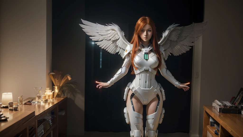 ((masterpiece, best quality, extremely detailed), volumetric lighting, ambient occlusion, colorful, glowing), 1girl, solo, young woman, (red hair), long hair, halo, aura, sacred, godness, cyber suit, android, bot, big angel wings, full body, feathers, flying