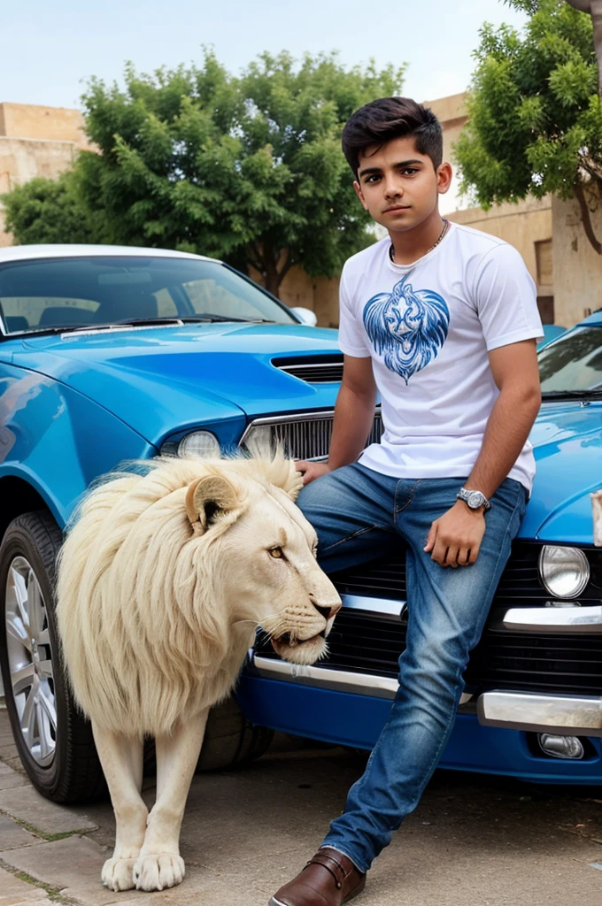 A boy sitting on mursidis car and his side a white lion on his shirt sohail name ..king eyes blue fire
