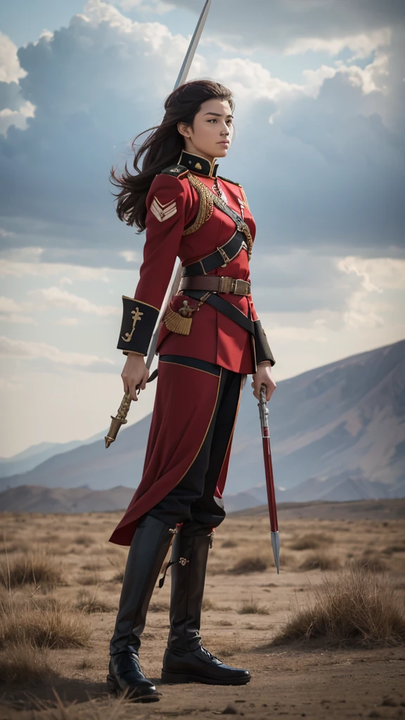 Female imperial military, with red uniform, a spear with a wind vane on the tip