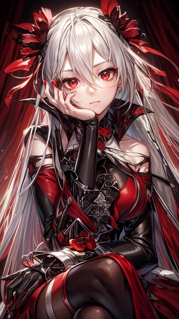 A young woman with long, flowing silver hair and piercing red eyes sits with her chin resting on her hand, gazing thoughtfully at the viewer. She is dressed in a red and black outfit with intricate details and a touch of lace, giving her a sophisticated and mysterious air. The lighting is warm and soft, highlighting her features and creating a sense of intimacy. red erythrina flowers on the head.

[Anime style, detailed and realistic, inspired by the works of Mihoyo and Pixiv artists], [soft lighting, warm colors, smooth textures, slight blur effect on the background, shallow depth of field]
