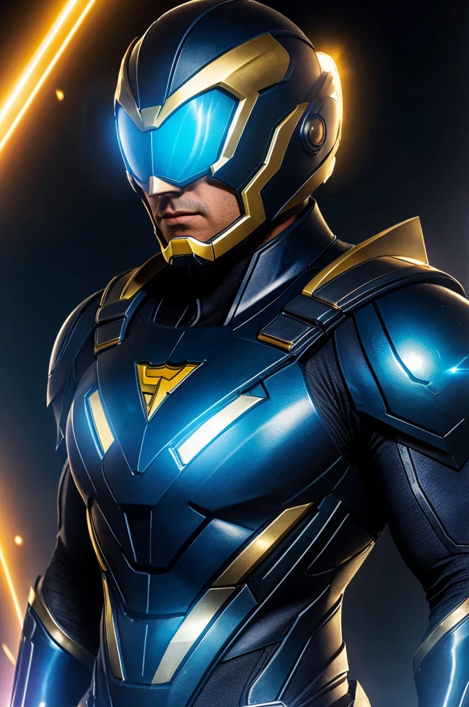 A dark blue aerodynamic Superhero suit called Nova Guardia with golden details that absorb and channel solar energy. He wears a special visor that protects his eyes and allows him to control the intensity of his vision, his entire body In comic mode Superhero