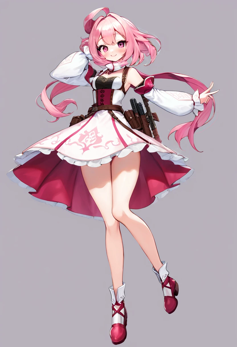 (masterpiece, Best quality, 32 thousand.), (((facing the viewer, full height))), ((full body)), Young teenage girl with pink hair , ((pink глаза)), ((Eyeliner)), ((Beautiful face, sultry face, mischievous face, fine features, sexy face)), ((pale skin, Smooth skin, perfect skin)), ((cute outfit, Stylish outfit, Medieval attire, fantasy outfit, tactical equipment:1.3))