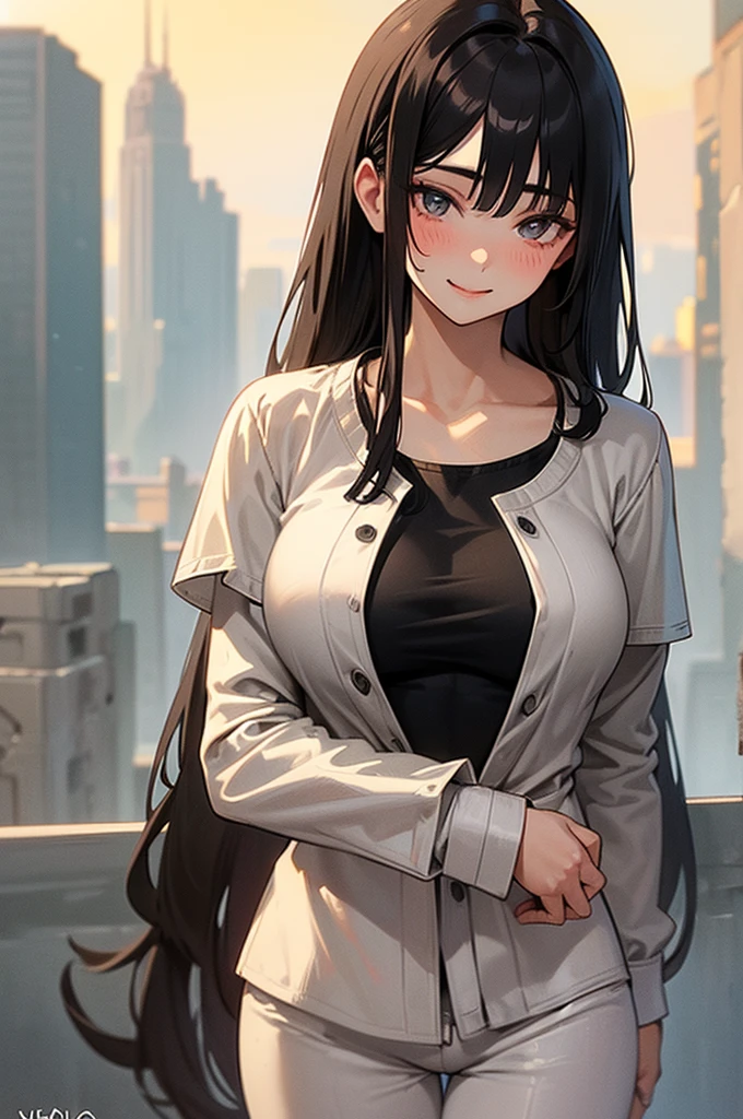 NSFW, 1girl, ((25 years old)), (((HD, UHD, HDR, Best Quality, Highly Detailed, 16K, Realistic anime, kbj))), black hair, long hair, (bright white skin), beautiful eyes, gray pupils, sexy lips, beautiful face, pretty face, smiling, blushing, , slightly small breasts, shy, dongtan, missy look, gray clothes, city girl
