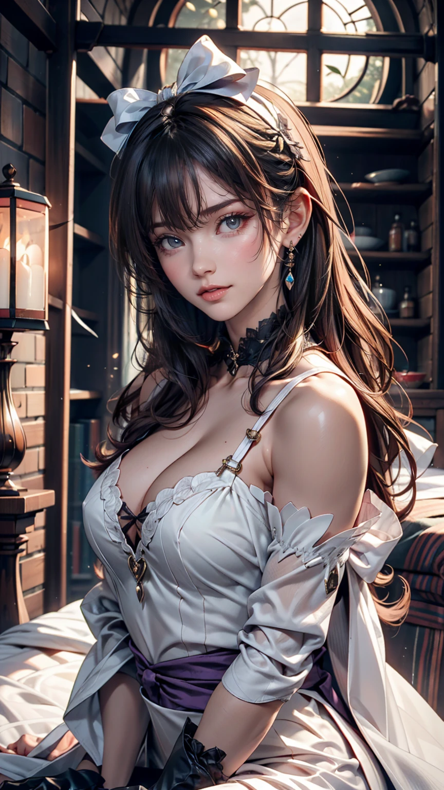 Korean,Realistic, masterpiece, Final details, photo Realistic, Exquisite detail, Octane Rendering, 8K, One girl, Perfect face, Beautiful Face, nswf Japanese, Trough Reference, Hair Details,, black bow, black gloves, Black Legs, blue eyes, Blue Hair, bow, clavicle, dress, Drill Hair, Frills, Frills, gloves, Gwen, headdress, High resolution, Long Hair, Part your lips, Puffy sleeves, Purple eyes, smile, alone, white dress, Oilskin,