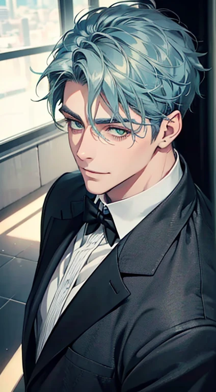 a mature man with short grey bluehair, green eyes, 31 years, and a perfect face, smiling in love, CEO, cinematic lighting, 1:4 HDR image, top view, ultra detailed, best quality, masterpiece, 8K, photorealistic, beautiful image