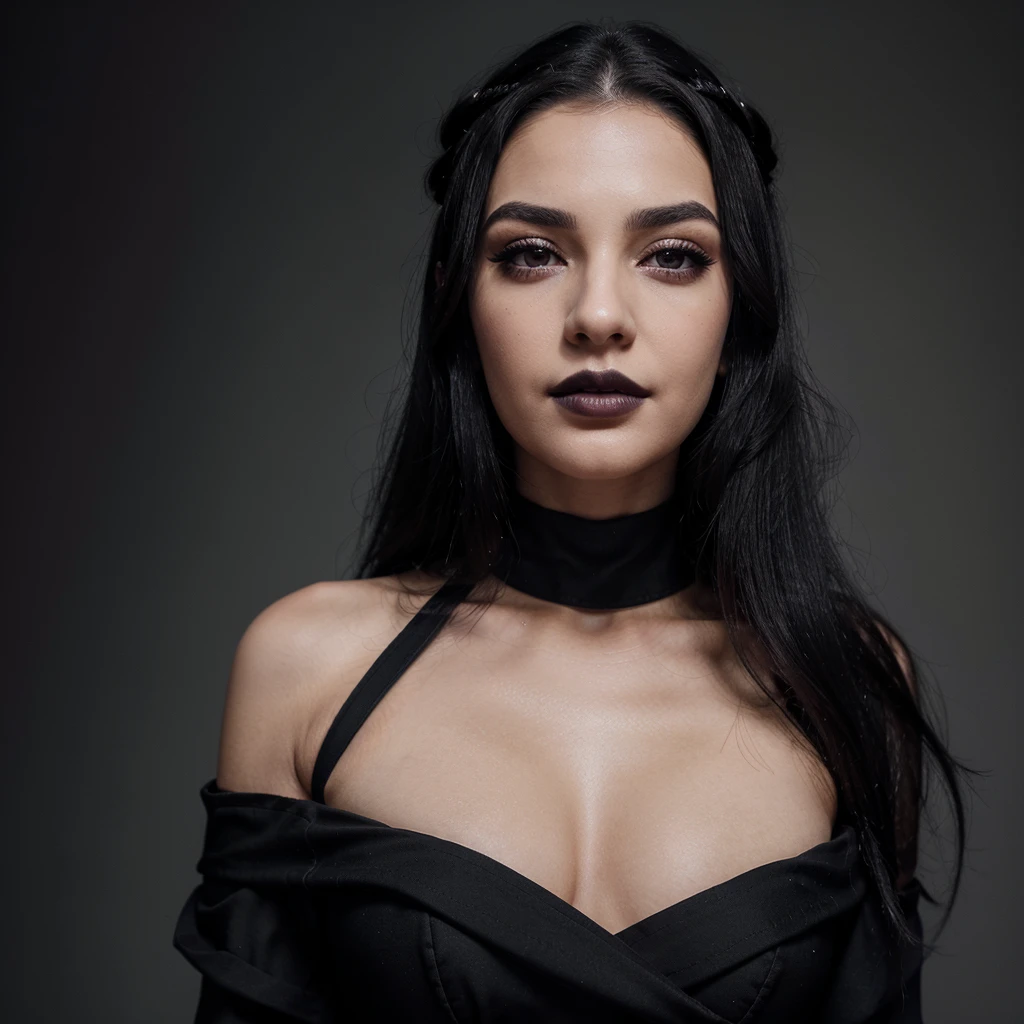 A woman with mesmerizing gray eyes, beautiful and natural eyebrows that convey intensity, a straight and proportionate nose, full and defined lips painted with black lipstick. Her black hair falls to her shoulders in soft waves. She wears a black crown and an elegant, tailored dress reminiscent of the starry night.
