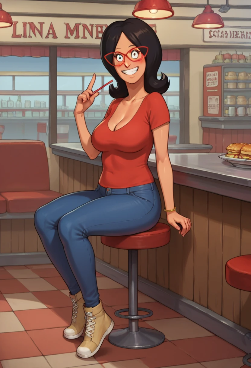 score_9, score_8_up, score_7_up, score_6_up, score_5_up, score_4_up, extremely detailed, linda,upper body, 1girl, black hair, solo, glasses, red-framed eyewear, smile, full body, looking at viewer, red shirt, jeans, cleavage, sexy poses, blushing, on a diner stool