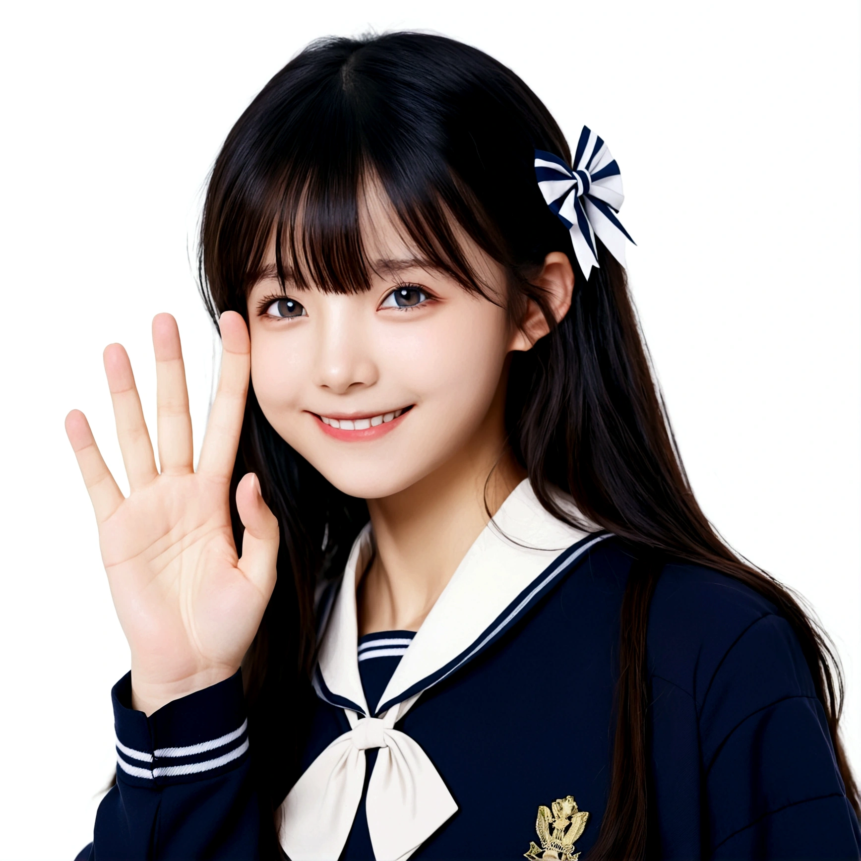 1girl, solo, long hair, looking at viewer, smile, bangs, simple background, black hair, white background, bow, school uniform, upper body, serafuku, waving