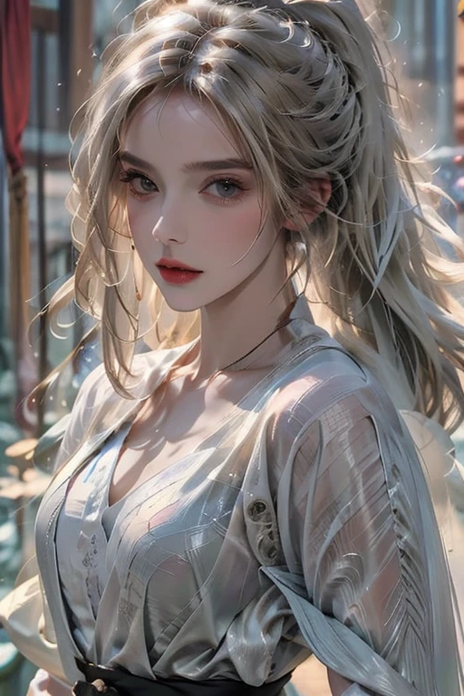 realistic, high resolution, 1 woman, alone, hips up, Look at the viewer., (detailed face), blonde hair, very detailed, Extra resolution, high ponytail, Taoist cloak, Large clothing, decorations, Picture in the middle of the trip