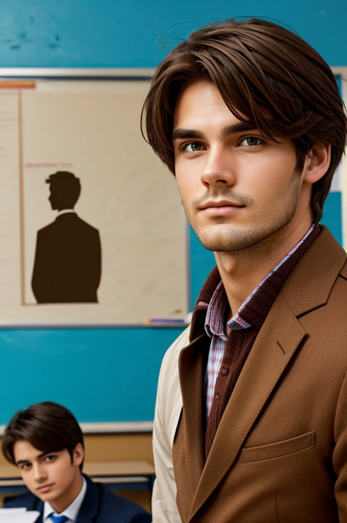 Create a man with a surreal style who is looking straight ahead with brown hair who is in the background of a student classroom and invites you to study. 